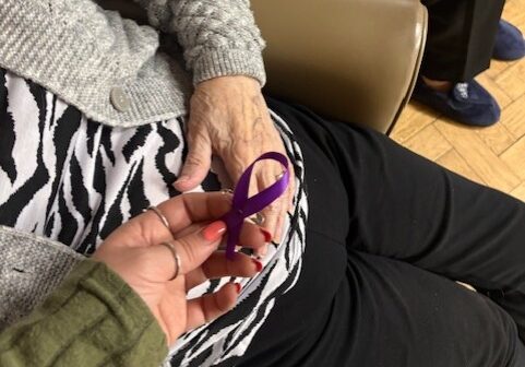 Handmade purple ribbons for Alzheimer’s awareness made by residents at Eryl Fryn